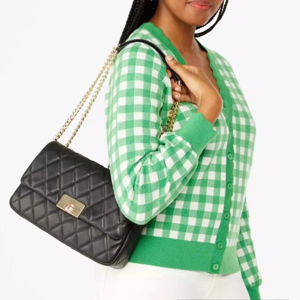 Kate Spade Black Carey Smooth Leather Medium Flap Quilted Turn-Lock Shoulder Bag